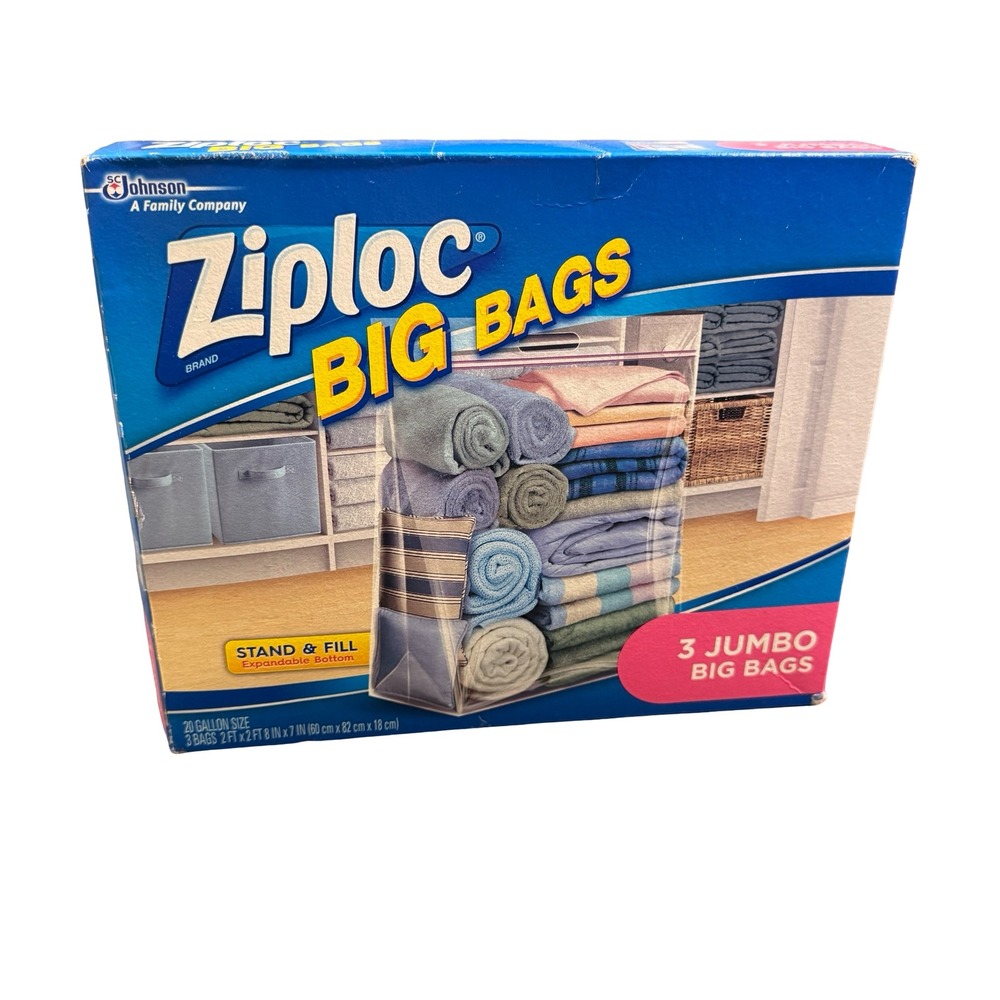 Ziploc Big Bags Jumbo 3 Count 20 Gallon Storage Bags Stand and Fill Heavy Duty